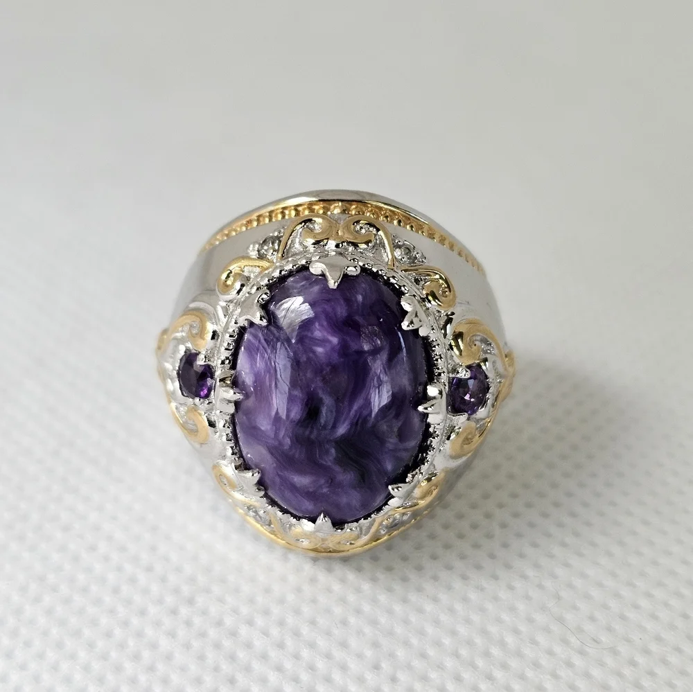 Genuine Charoite & Amethyst Ring Palladium Sterling Silver 18k YG Size 6.5! - Picture 3 of 9